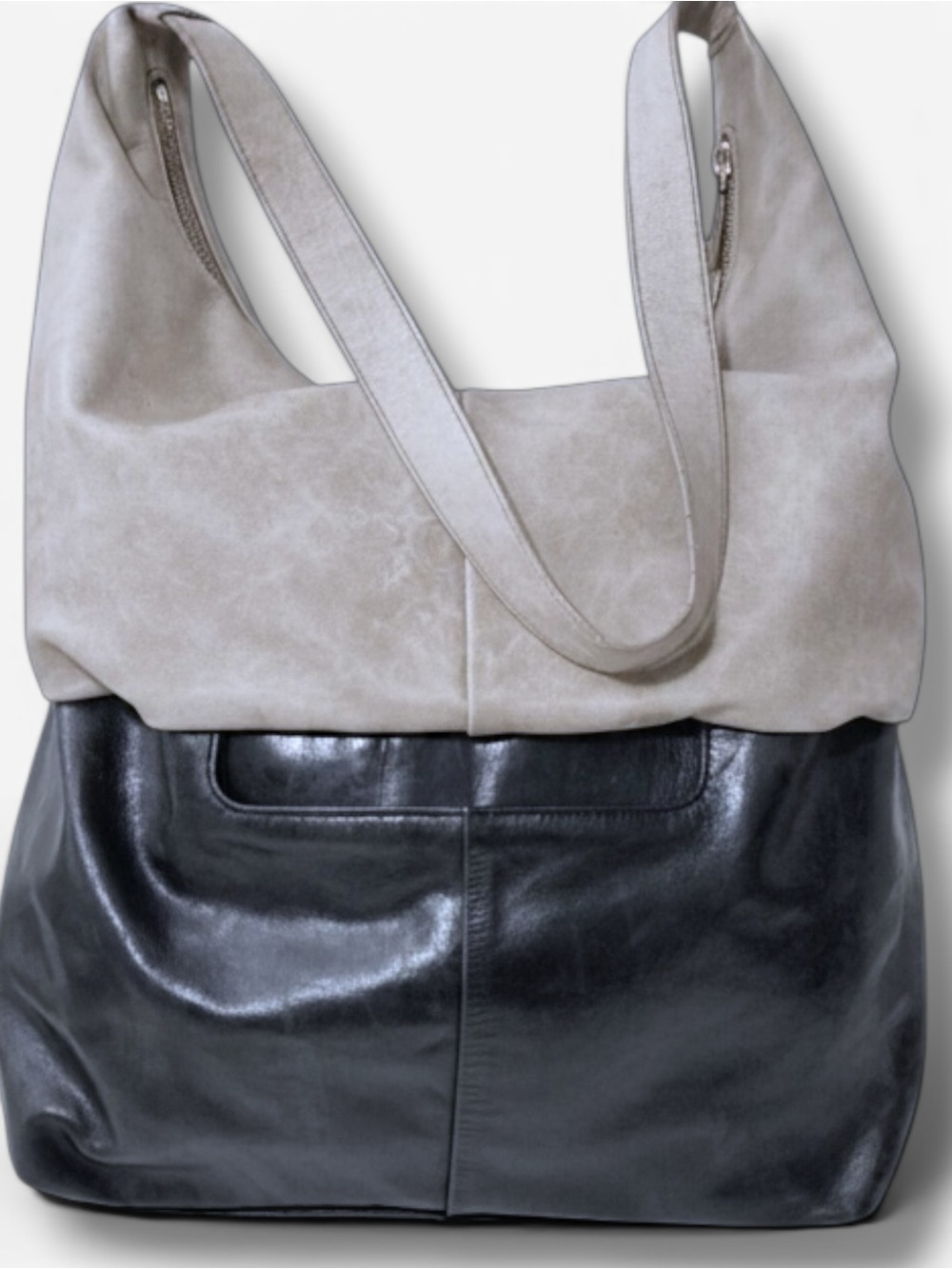 HOBO Joyce Large Leather Two Tone Purse Stone Black Shoulder Bag Zip Top - Picture 14 of 14